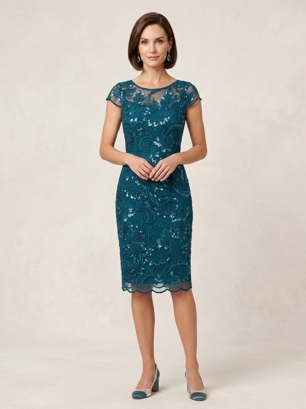 Alex Evenings Teal Sequin Embroidered Cocktail Dress Size 4